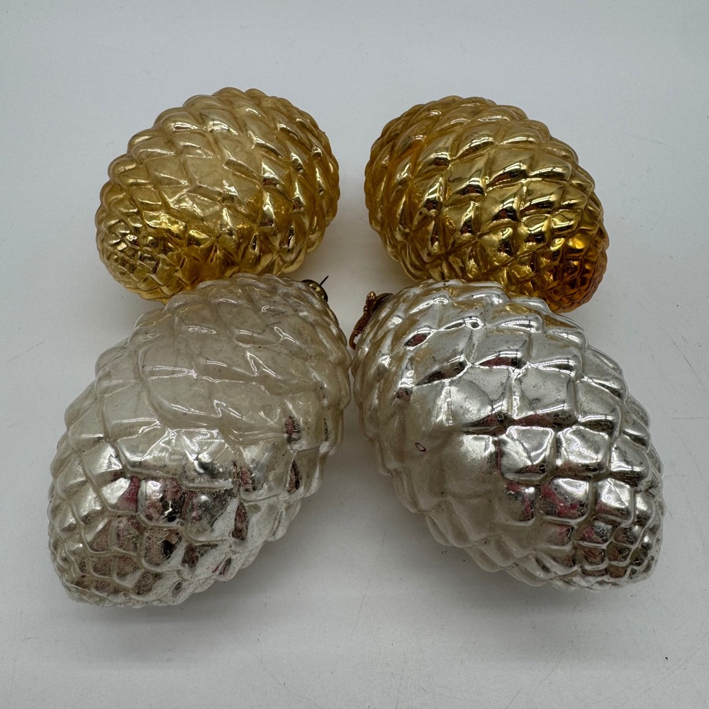Vintage Blown Glass Jumbo Mercury Pinecone Christmas Ornaments Lot 4 Gold Silver